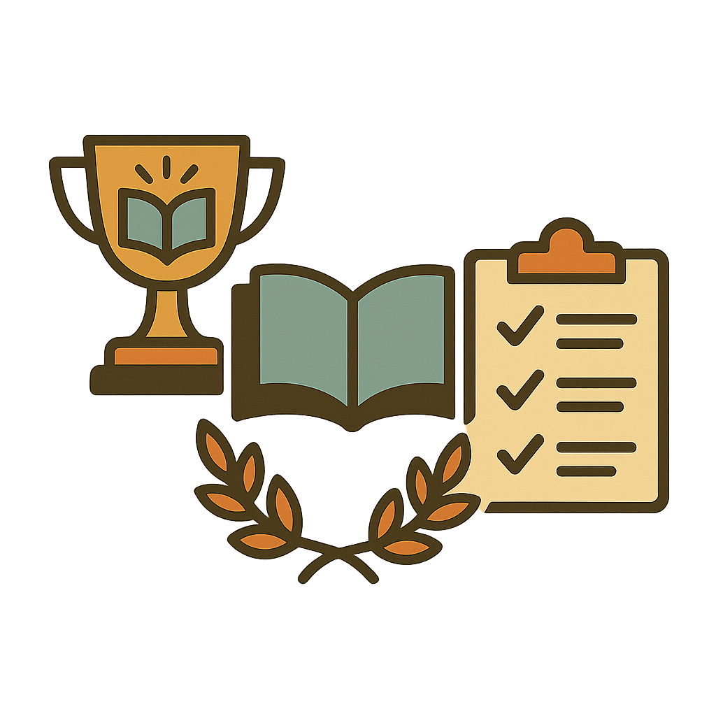 Award-winning books illustration with trophy, book, and achievement checklist