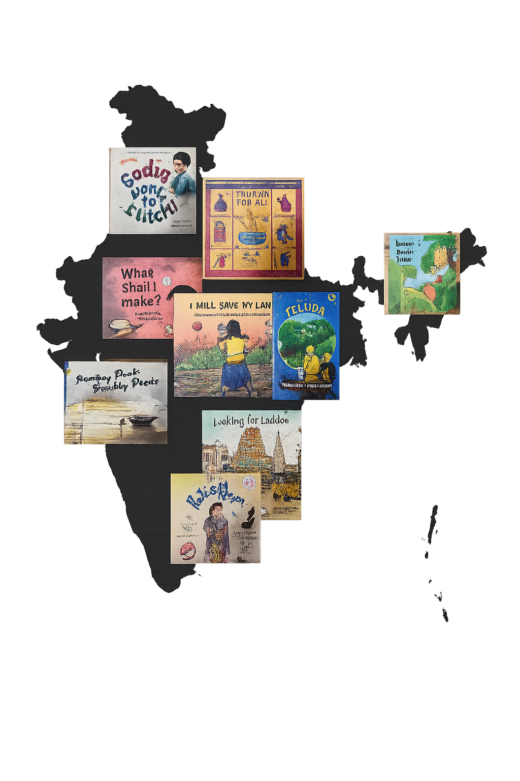 Diverse collection of books from different regions mapped across India